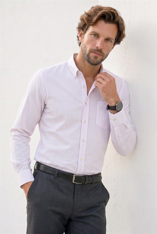 Erkek Slim Fit Dar Kesim %100 Pamuk Düğmeli Yaka Çizgili Uzun Kollu Cepli Keten Efektli Yeşil Gömlek