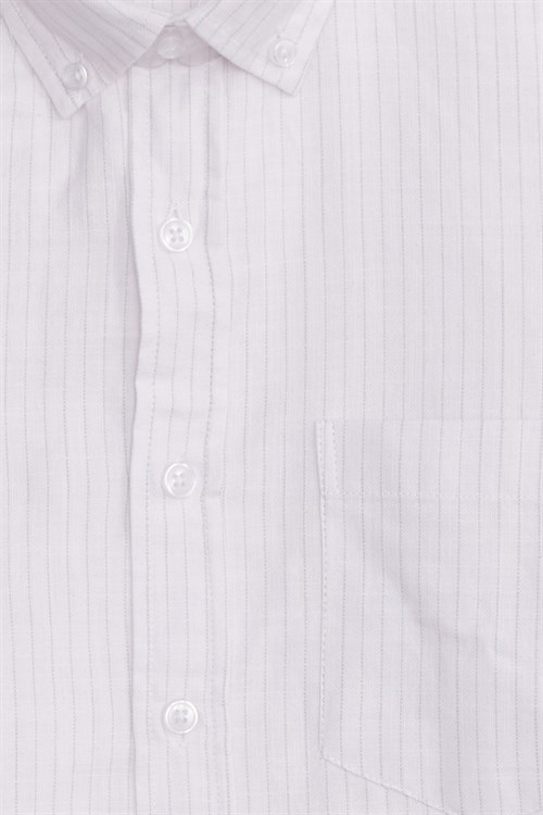 Erkek Slim Fit Dar Kesim %100 Pamuk Düğmeli Yaka Çizgili Uzun Kollu Cepli Keten Efektli Yeşil Gömlek