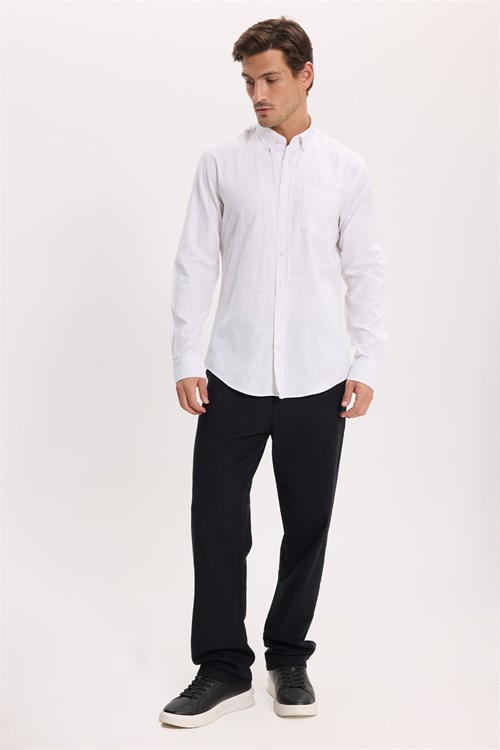 Erkek Slim Fit Dar Kesim %100 Pamuk Düğmeli Yaka Çizgili Uzun Kollu Cepli Keten Efektli Yeşil Gömlek