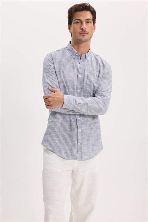 Erkek Slim Fit Dar Kesim %100 Pamuk Düğmeli Yaka Çizgili Uzun Kollu Cepli Keten Lacivert Gömlek