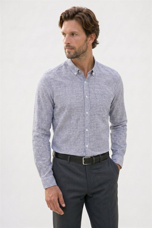 Erkek Slim Fit Dar Kesim %100 Pamuk Düğmeli Yaka Çizgili Uzun Kollu Cepli Keten Lacivert Gömlek