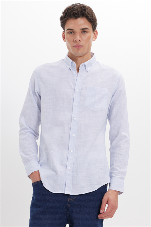Erkek Slim Fit Dar Kesim %100 Pamuk Düğmeli Yaka Çizgili Uzun Kollu Cepli Keten Efektli Mavi Gömlek