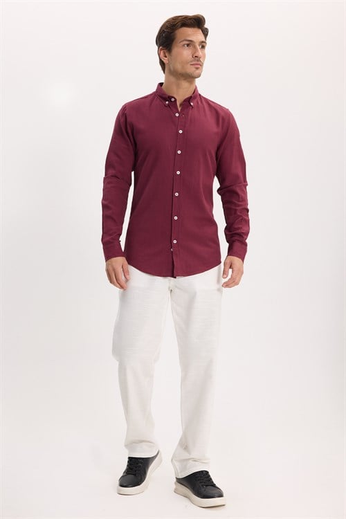 Erkek Slim Fit Dar Kesim %100 Pamuk Düğmeli Yaka Flam Keten Bordo Gömlek