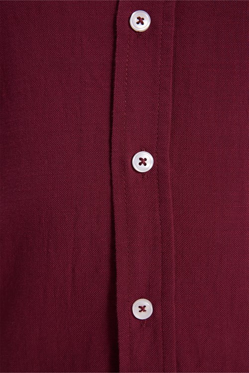 Erkek Slim Fit Dar Kesim %100 Pamuk Düğmeli Yaka Flam Keten Bordo Gömlek