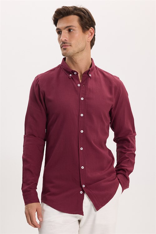Erkek Slim Fit Dar Kesim %100 Pamuk Düğmeli Yaka Flam Keten Bordo Gömlek