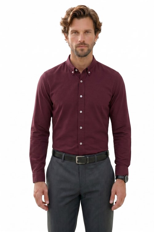 Erkek Slim Fit Dar Kesim %100 Pamuk Düğmeli Yaka Flam Keten Bordo Gömlek