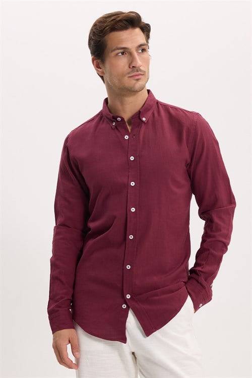 Erkek Slim Fit Dar Kesim %100 Pamuk Düğmeli Yaka Flam Keten Bordo Gömlek