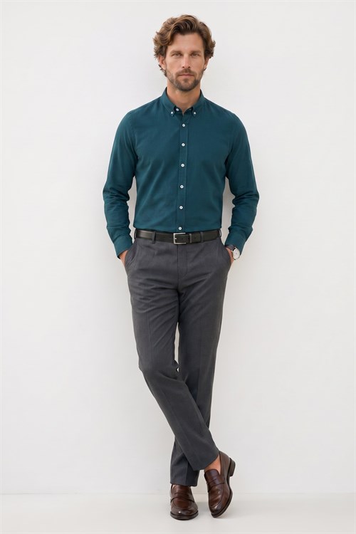 Erkek Slim Fit Dar Kesim %100 Pamuk Düğmeli Yaka Flam Keten Yeşil Gömlek