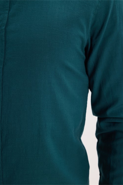 Erkek Slim Fit Dar Kesim %100 Pamuk Düğmeli Yaka Flam Keten Yeşil Gömlek