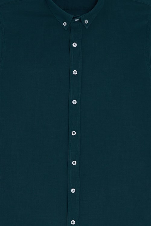 Erkek Slim Fit Dar Kesim %100 Pamuk Düğmeli Yaka Flam Keten Yeşil Gömlek