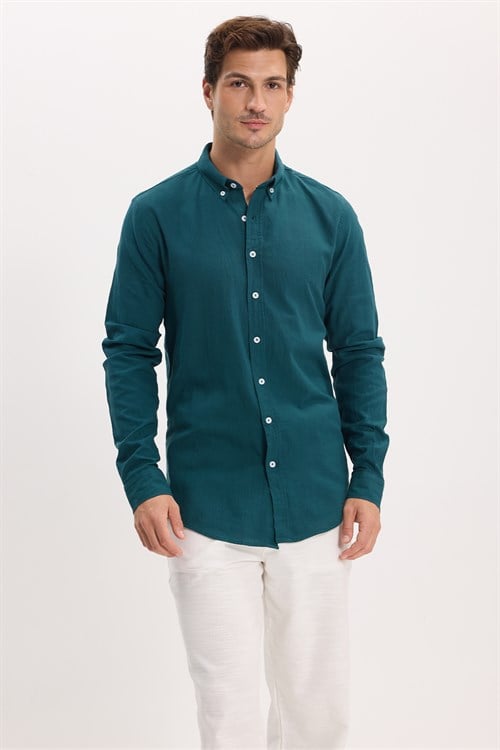 Erkek Slim Fit Dar Kesim %100 Pamuk Düğmeli Yaka Flam Keten Yeşil Gömlek