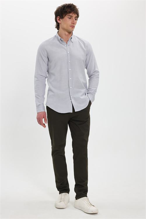 Erkek Slim Fit Dar Kesim %100 Pamuk Düğmeli Yaka Flam Keten Gri Gömlek
