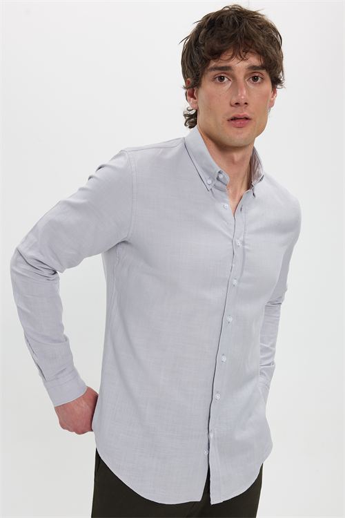 Erkek Slim Fit Dar Kesim %100 Pamuk Düğmeli Yaka Flam Keten Gri Gömlek