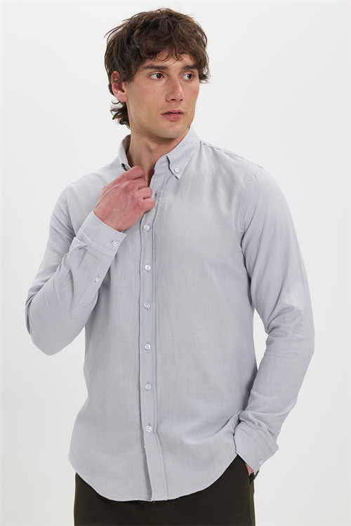 Erkek Slim Fit Dar Kesim %100 Pamuk Düğmeli Yaka Flam Keten Gri Gömlek