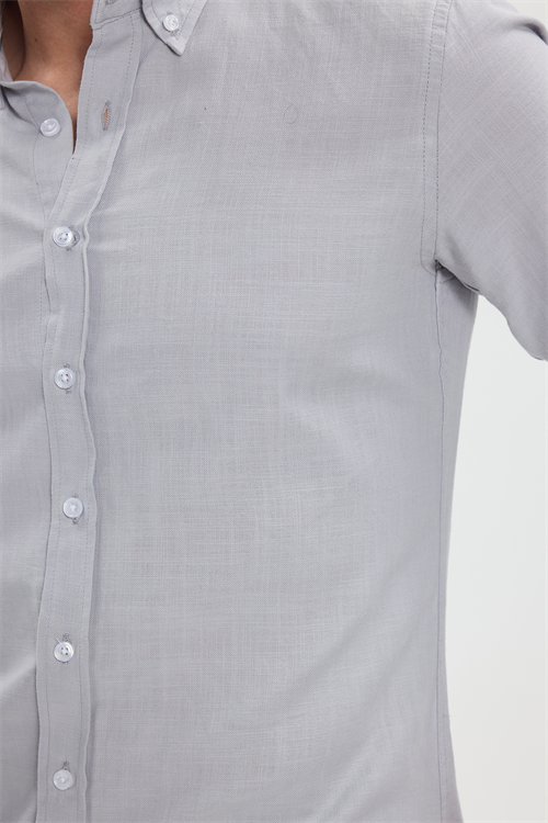 Erkek Slim Fit Dar Kesim %100 Pamuk Düğmeli Yaka Flam Keten Gri Gömlek