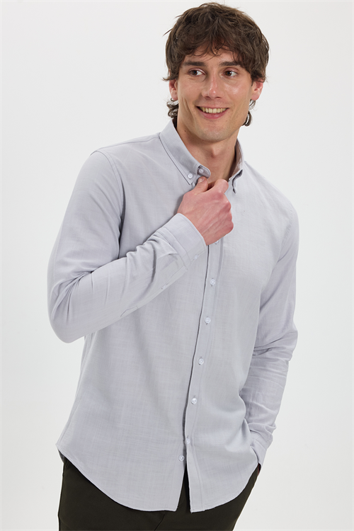 Erkek Slim Fit Dar Kesim %100 Pamuk Düğmeli Yaka Flam Keten Gri Gömlek