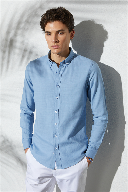 Erkek Slim Fit Dar Kesim %100 Pamuk Düğmeli Yaka Flam Keten Mavi Gömlek