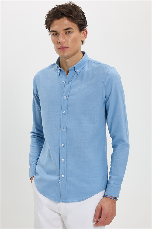 Erkek Slim Fit Dar Kesim %100 Pamuk Düğmeli Yaka Flam Keten Mavi Gömlek