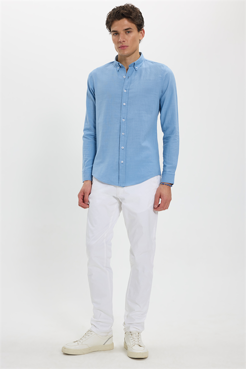 Erkek Slim Fit Dar Kesim %100 Pamuk Düğmeli Yaka Flam Keten Mavi Gömlek