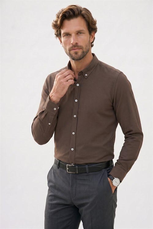 Erkek Slim Fit Dar Kesim %100 Pamuk Düğmeli Yaka Flam Keten Haki Gömlek