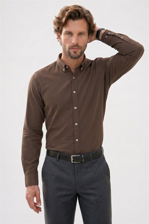 Erkek Slim Fit Dar Kesim %100 Pamuk Düğmeli Yaka Flam Keten Haki Gömlek