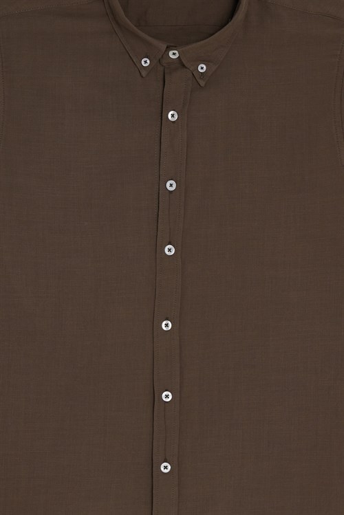 Erkek Slim Fit Dar Kesim %100 Pamuk Düğmeli Yaka Flam Keten Haki Gömlek
