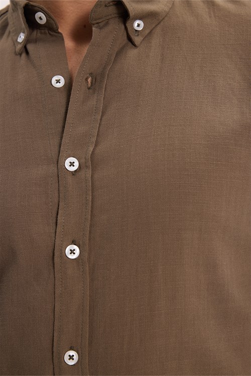 Erkek Slim Fit Dar Kesim %100 Pamuk Düğmeli Yaka Flam Keten Haki Gömlek