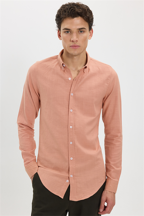 Erkek Slim Fit Dar Kesim %100 Pamuk Düğmeli Yaka Flam Keten Turuncu Gömlek