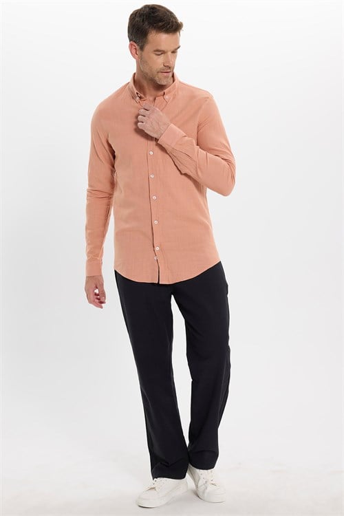 Erkek Slim Fit Dar Kesim %100 Pamuk Düğmeli Yaka Flam Keten Turuncu Gömlek