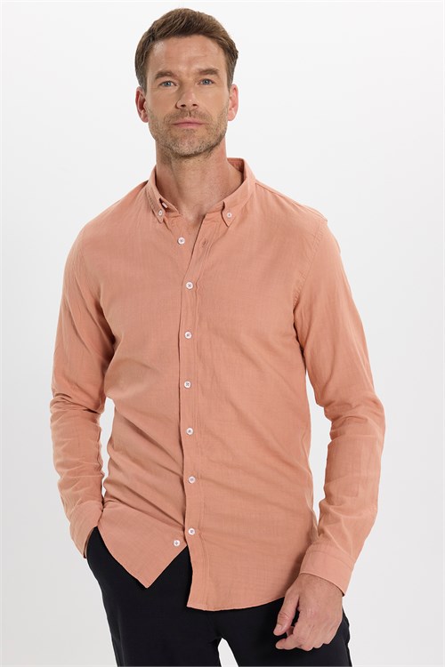 Erkek Slim Fit Dar Kesim %100 Pamuk Düğmeli Yaka Flam Keten Turuncu Gömlek