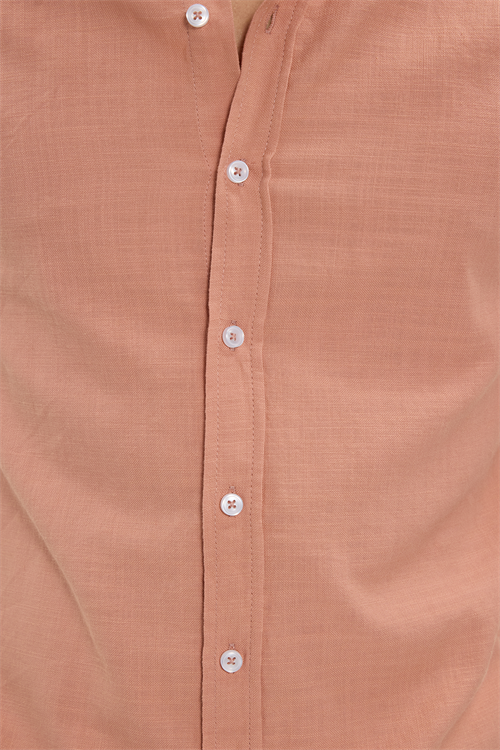 Erkek Slim Fit Dar Kesim %100 Pamuk Düğmeli Yaka Flam Keten Turuncu Gömlek