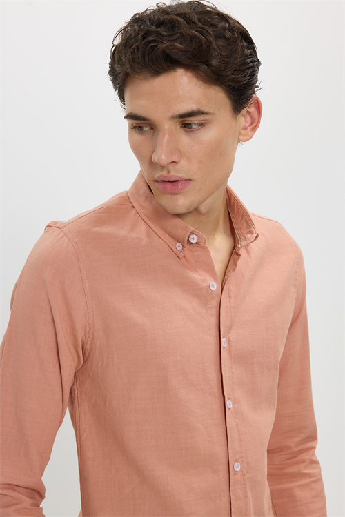 Erkek Slim Fit Dar Kesim %100 Pamuk Düğmeli Yaka Flam Keten Turuncu Gömlek
