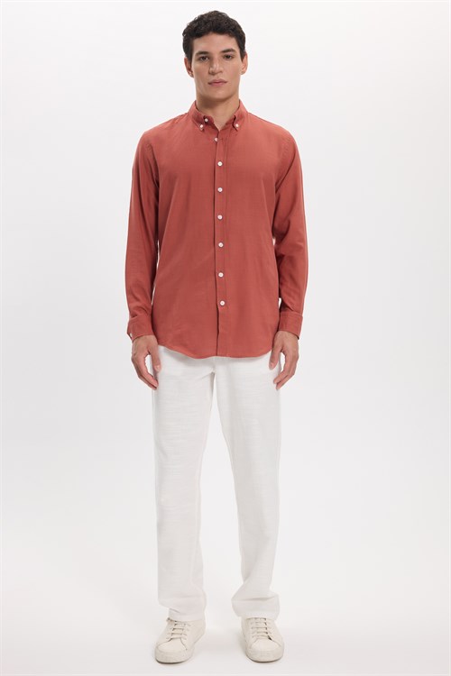 Erkek Slim Fit Dar Kesim %100 Pamuk Düğmeli Yaka Flam Keten Turuncu Gömlek