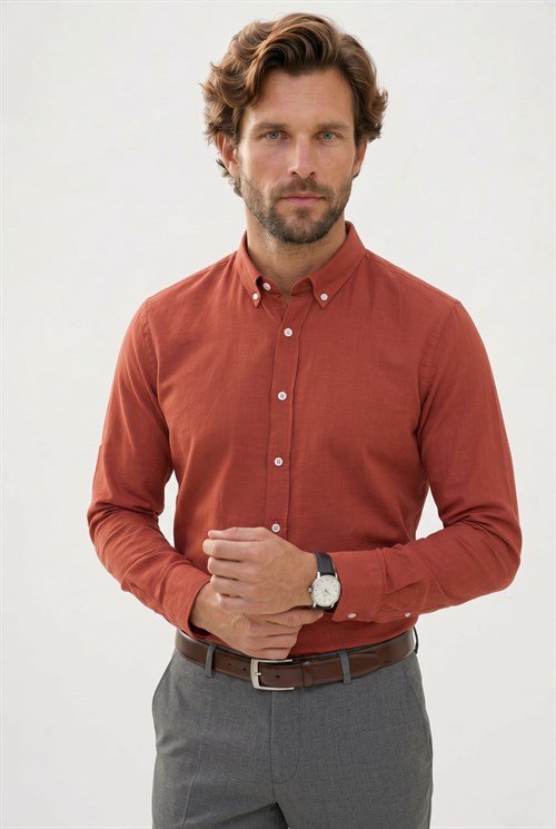 Erkek Slim Fit Dar Kesim %100 Pamuk Düğmeli Yaka Flam Keten Turuncu Gömlek