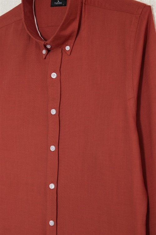 Erkek Slim Fit Dar Kesim %100 Pamuk Düğmeli Yaka Flam Keten Turuncu Gömlek