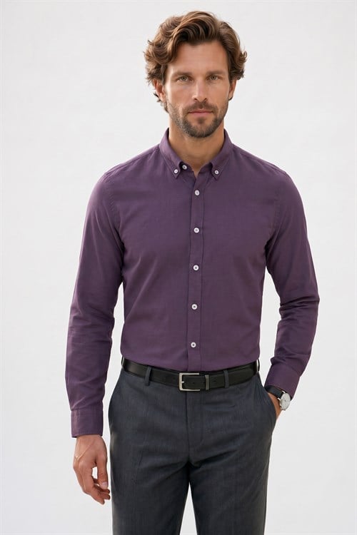 Erkek Slim Fit Dar Kesim %100 Pamuk Düğmeli Yaka Flam Keten Mor Gömlek