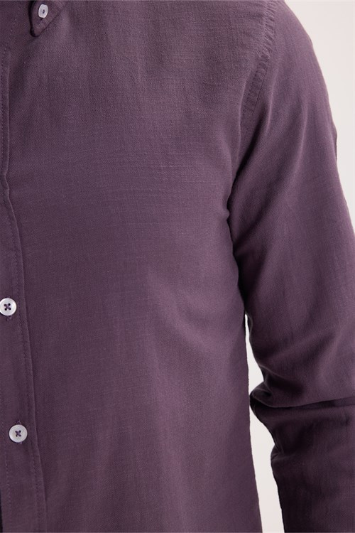 Erkek Slim Fit Dar Kesim %100 Pamuk Düğmeli Yaka Flam Keten Mor Gömlek