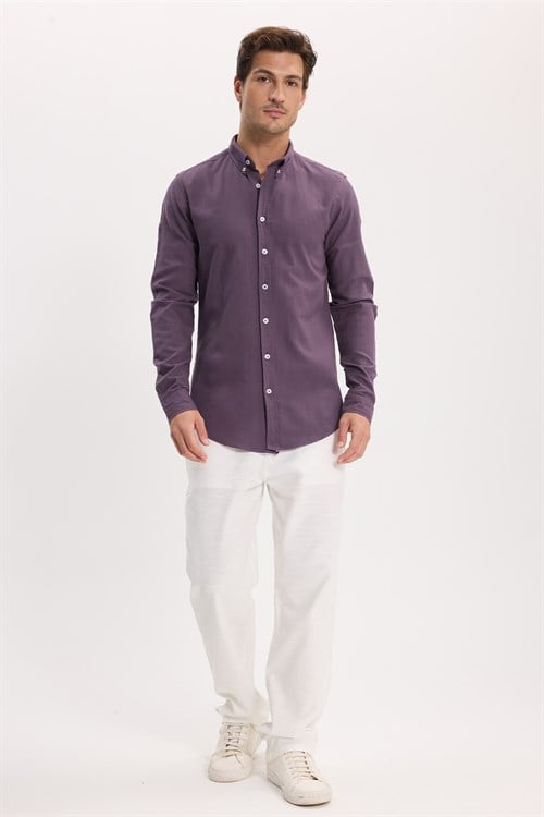 Erkek Slim Fit Dar Kesim %100 Pamuk Düğmeli Yaka Flam Keten Mor Gömlek