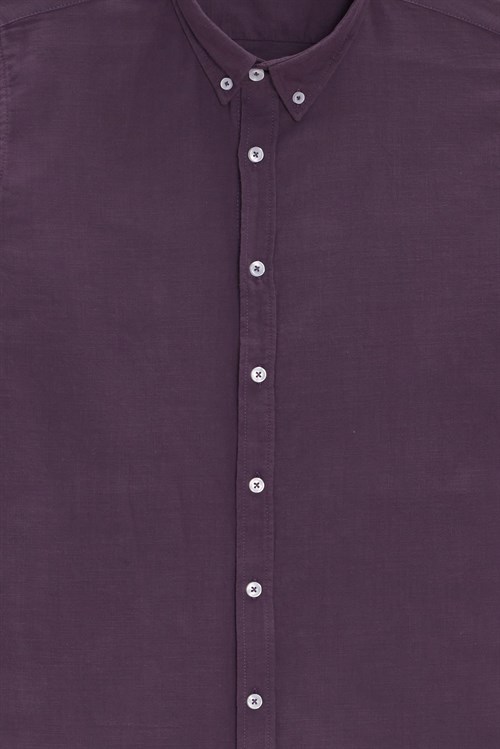 Erkek Slim Fit Dar Kesim %100 Pamuk Düğmeli Yaka Flam Keten Mor Gömlek
