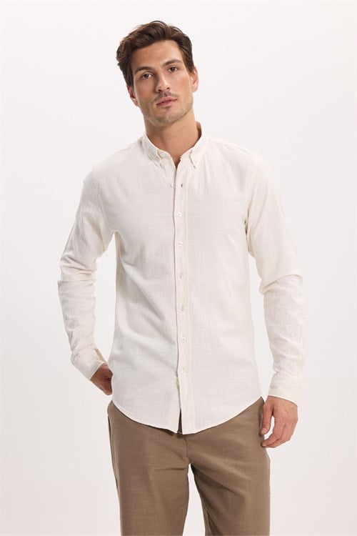 Erkek Slim Fit Dar Kesim %100 Pamuk Düğmeli Yaka Flam Keten Ekru Gömlek