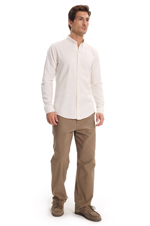 Erkek Slim Fit Dar Kesim %100 Pamuk Düğmeli Yaka Flam Keten Ekru Gömlek