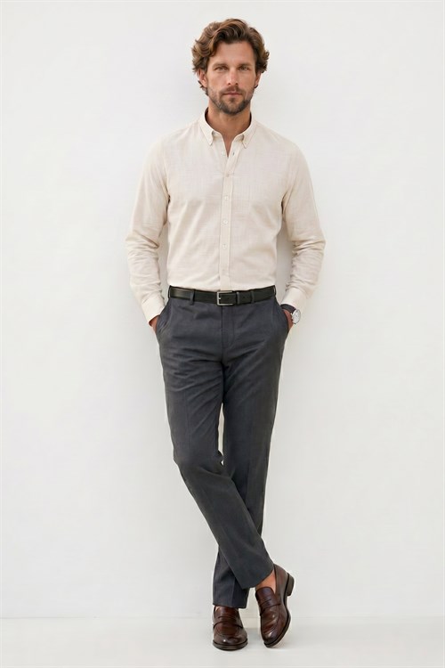 Erkek Slim Fit Dar Kesim %100 Pamuk Düğmeli Yaka Flam Keten Ekru Gömlek