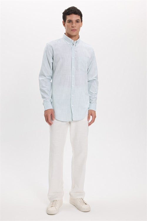 Erkek Slim Fit Dar Kesim Uzun Kollu %100 Pamuk Keten Efektli Düğmeli Yaka Rahat Yeşil Gömlek