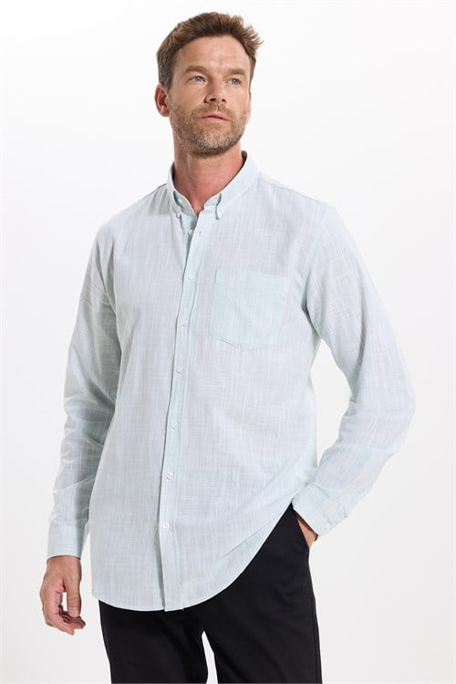 Erkek Slim Fit Dar Kesim Uzun Kollu %100 Pamuk Keten Efektli Düğmeli Yaka Rahat Yeşil Gömlek