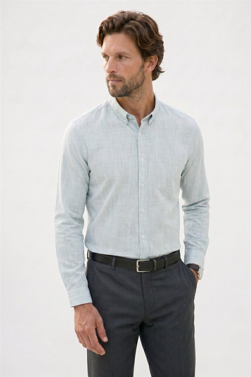 Erkek Slim Fit Dar Kesim Uzun Kollu %100 Pamuk Keten Efektli Düğmeli Yaka Rahat Yeşil Gömlek