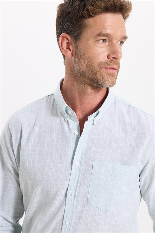 Erkek Slim Fit Dar Kesim Uzun Kollu %100 Pamuk Keten Efektli Düğmeli Yaka Rahat Yeşil Gömlek