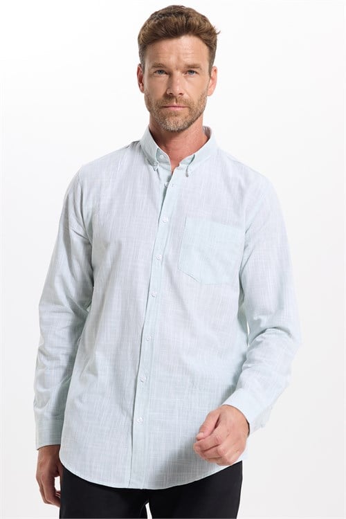 Erkek Slim Fit Dar Kesim Uzun Kollu %100 Pamuk Keten Efektli Düğmeli Yaka Rahat Yeşil Gömlek