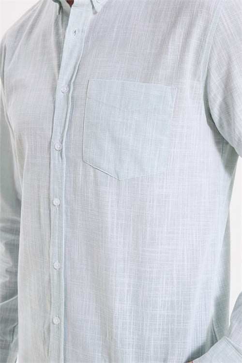 Erkek Slim Fit Dar Kesim Uzun Kollu %100 Pamuk Keten Efektli Düğmeli Yaka Rahat Yeşil Gömlek
