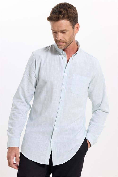 Erkek Slim Fit Dar Kesim Uzun Kollu %100 Pamuk Keten Efektli Düğmeli Yaka Rahat Yeşil Gömlek