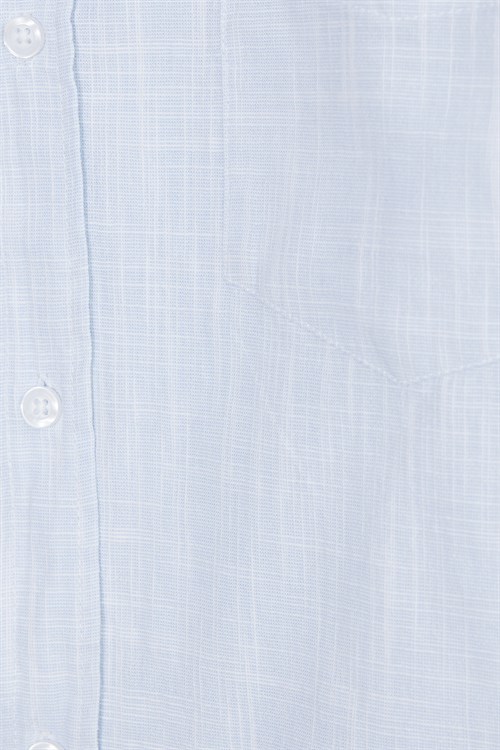 Erkek Slim Fit Dar Kesim Uzun Kollu %100 Pamuk Keten Efektli Düğmeli Yaka Rahat Mavi Gömlek